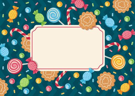 Vintage vector card with candies for parties or holidays. Vector template card with candies for Christmas or New yearのイラスト素材