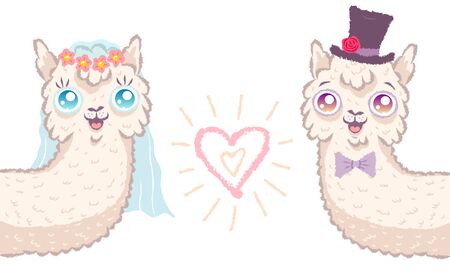 Vector illustration of a cute llamas for wedding invitation. Cute alpaca. Bride and bridegroom with heart.のイラスト素材