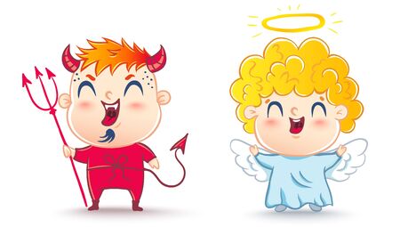 Angel and devil. Good and bad. Children are in costumes angel and devil.のイラスト素材