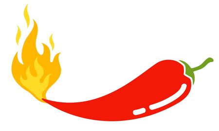 Vector illustration of a spicy chili pepper with flame. Cartoon red chili for Mexican or Thai food. Hot chilli.のイラスト素材
