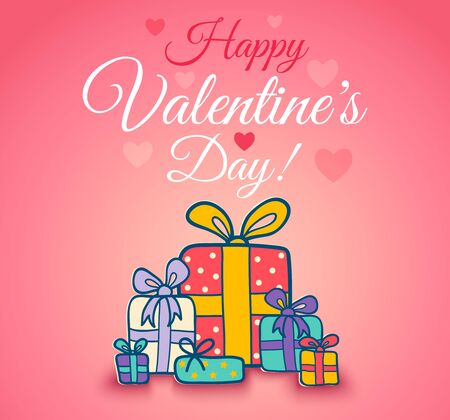 Vector poster for Valentine's day with colorful gifts and hearts. Gifts and hearts on pink background.のイラスト素材