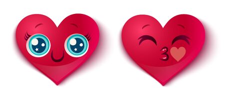 Vector set two cute hearts with smile and kiss. Cute heart in kawaii style for Valentine's day.のイラスト素材