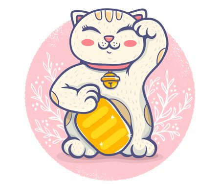Vector retro poster with lucky cat. Neko on pink background with plants. Vector   lucky catのイラスト素材