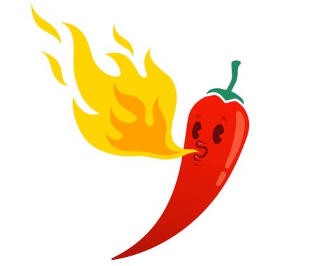 Vector illustration of a spicy chili pepper with flame. Cartoon red chili for Mexican or Thai food. Hot chilli.のイラスト素材