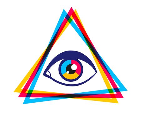 Vector vintage pyramid with eye in 90's style. Vintage vector poster with pyramid and eye. Rainbow pyramid in CMYK style.のイラスト素材