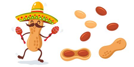 Vector illustration of set peanuts and peanut cartoon with sombrero and maracas. Cute vector cartoon of peanut snack.のイラスト素材