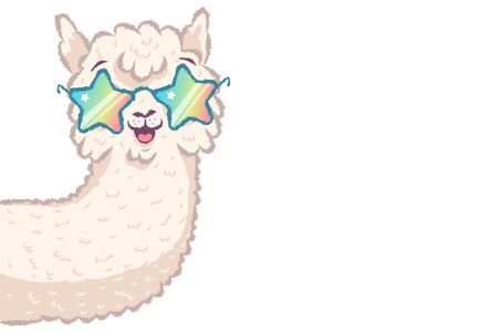 Vector illustration of a cute llama with rainbow glasses. Cute alpaca with glasses like stars.のイラスト素材