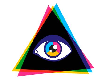 Vector vintage pyramid with eye in 90's style. Vintage vector poster with pyramid and eye. Rainbow pyramid in CMYK style.のイラスト素材