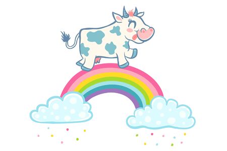 Vector illustration of a cow on rainbow with clouds   Cow and clouds with confetti and rainbow.のイラスト素材