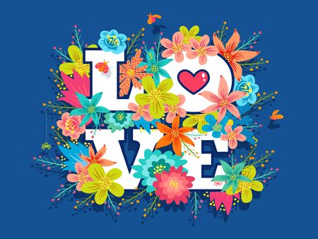 Vector poster with colorful flowers and lettering text Love. Vintage postcard with flowers and letters for Valentine's day.のイラスト素材