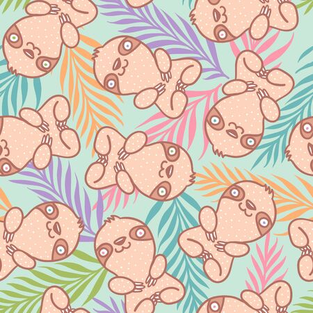 Vector seamless tropical pattern with cute sloth. Vector pattern with sloth superhero and tropical plants. Slothes and exotic plants.のイラスト素材