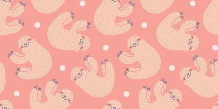 Vector seamless pattern with cute sloth. Vector pattern with sloth superhero and dots.のイラスト素材