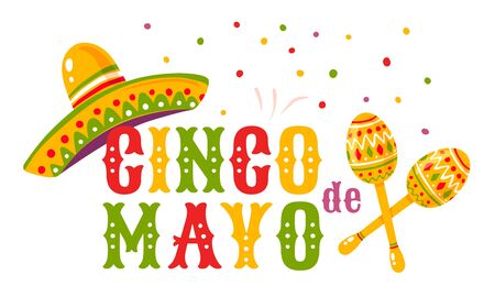 Vector poster for Cinco de mayo with mexican sombrero and maracas. Cinco de mayo festival.のイラスト素材