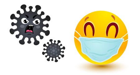 Vector illustration of smile in medical mask and angry coronavirus. Funny emoji  Vector smile in facial mask and viruses.のイラスト素材