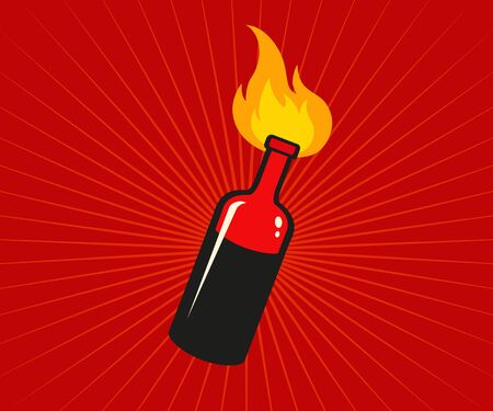 Vector icon of coctail Molotov on red background. Vector illustration of bottle on fire. Protest.のイラスト素材