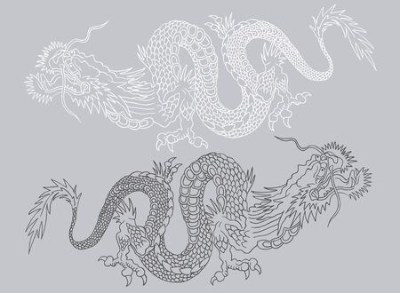 Vector illustration of two Chinese dragons. Black and white asian dragons.のイラスト素材