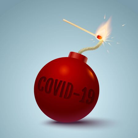 Vector illustration of a bomb with text og covid-19 and match in fire and sparks. Bomb with coronavirus and match. のイラスト素材