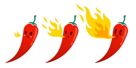 Vector set illustration of a spicy chilli peppers with flame. Cartoon red chilli pepper with flame for mexican or thai food. Cartoon different red chillies and fire. Hot chili pepper.のイラスト素材
