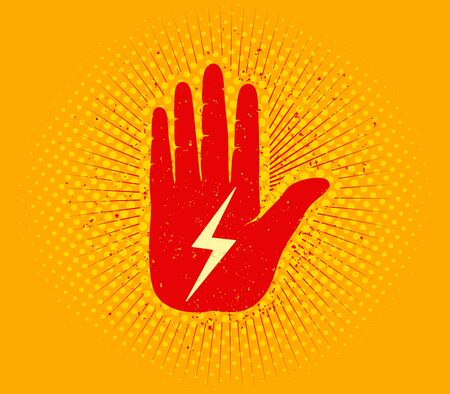 Vintage vector illustration of a hand with lightning. Retro vector poster of red hand with lightning.のイラスト素材
