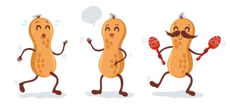 Vector illustration of peanut in different poses. Vector cartoons of peanut. 