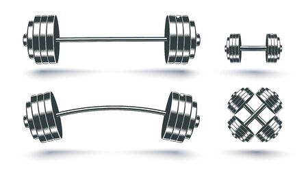 Vector vintage set icons of barbells. Vector set illustration of sport equipment. Emblems of steel barbells for bodybuilding and fitness.のイラスト素材