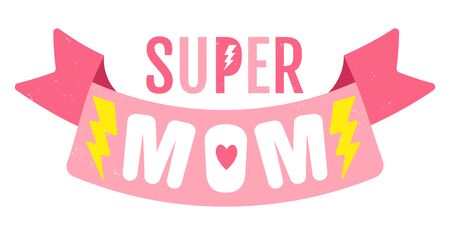 Vector vintage logo with pink ribbon for Mother day. Retro emblem for Mom. Poster of super mom with pink ribbon for Mother day.のイラスト素材