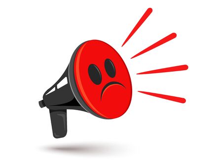 Vector icon of vintage megaphone with negative smile. Vector retro megaphone with angry emoji. Bad news.のイラスト素材