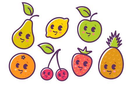 Vector set flat illustration of a fruits . Cute fruit and berries in manga style.のイラスト素材