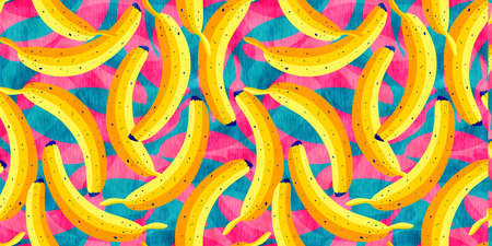 Seamless vintage pattern with yellow bananas in pop art style. Banana pattern with pink shadows. Tropical pattern with bananas.の写真素材