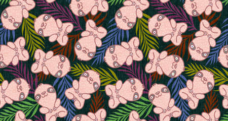 Seamless tropical pattern with cute sloth. Seamless attern with sloth superhero and tropical plants. Slothes and exotic plants.の写真素材