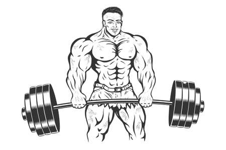 Vector illustration of a bodybuilder with barbell. Vintage cartoon of a bodybuilder or powerlifter. Strong man.のイラスト素材