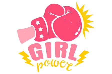 Vector vintage logo for a boxing with pink glove. Retro emblem for women boxing. Poster of girl boxing with pink glove and ribbonのイラスト素材