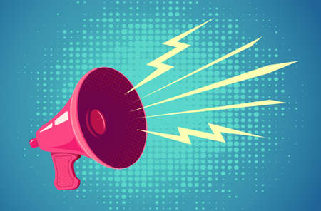 Vector vintage poster with retro pink megaphone on blue background. Retro megaphone on halftone background.のイラスト素材