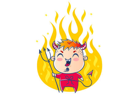 Vector illustration of a devil in the fire in kawaii style. Illustration of a cute kid in devil...