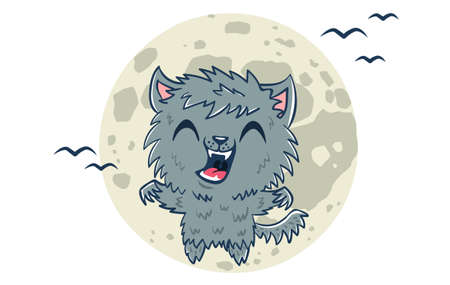 Vector illustration of a werewolf in kawaii style. Illustration of a cute kid in werewolf costume....