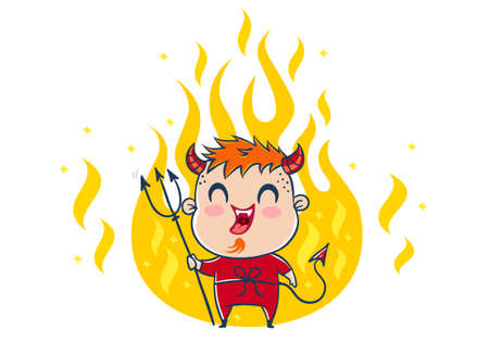 Vector illustration of a devil in the fire. Illustration of a cute kid in devil costume. Halloween monster.のイラスト素材