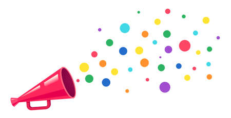 Vector vintage poster with retro megaphone with rainbow dots. Vector pink megaphone with rainbow colors.のイラスト素材