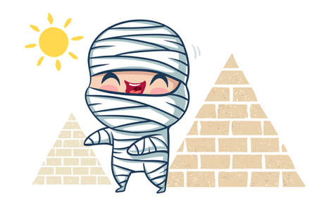 Vector illustration of a mummy, Illustration of a cute kid in skeleton mummy and pyramids. Halloween monster.のイラスト素材