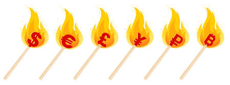 Vector set of World currency in fire. Vector set icons of dollar, euro, yen, ruble and pound in flame. Match with currency sign.のイラスト素材