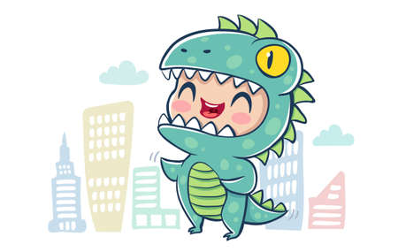 Vector illustration of a dragon, Illustration of a cute kid in dinosaur costume and buildings. Halloween monster in city.のイラスト素材