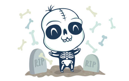 Vector illustration of a skeleton on cemetery. Illustration of a cute kid in skeleton costume. Halloween monster and graves.のイラスト素材