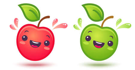 Vector set icons of apple in style. Cute red and green apples with juicy drops in manga style.のイラスト素材