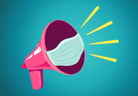 Vector vintage poster of a retro pink megaphone with medical mask on blue background. Retro megaphone with face mask on blue background.のイラスト素材