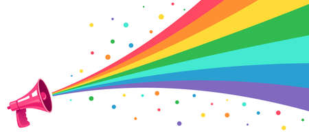 Vector vintage poster with retro megaphone with rainbow. Vector pink megaphone with rainbow colors.のイラスト素材