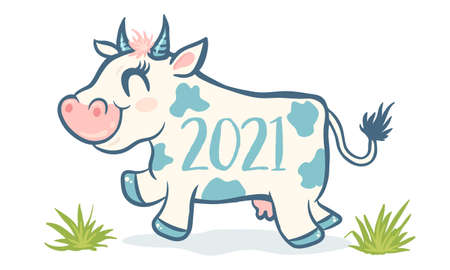 Vector cute cow like symbol 2021 year in kawaii style. Vector cartoon of a cute cow and green grass.のイラスト素材