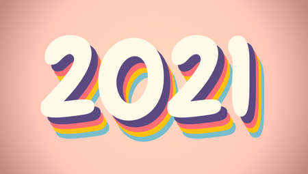 Vector poster with 2021 on pink background for Christmas and New year in retro style. New year...