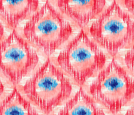 Vintage seamless pattern in ikat style. Retro ikat pink pattern with abstract peacock feathers.の写真素材