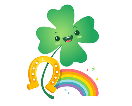Vector illustration of a four leaf clover, rainbow and horseshoe. Lucky clover, horseshoe and rainbow for Patrick's day.のイラスト素材