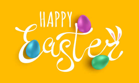 Vector banner with hand drawing lettering of Happy Easter and colorful eggs. Happy Easter 2021.のイラスト素材