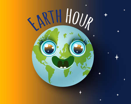 Vector illustration of Earth planet in kawaii style for Earth hour. Earth day 22 april. We love our planet.のイラスト素材
